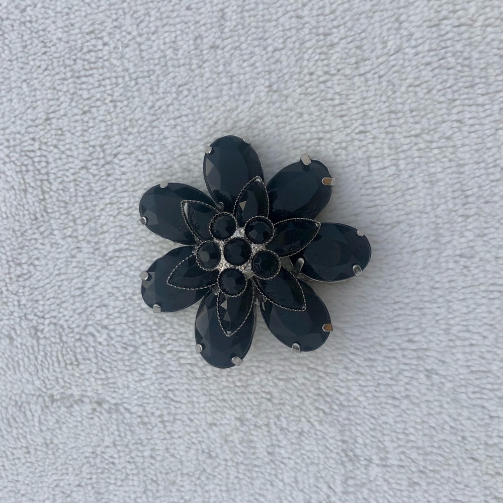 Black Flower Lapel Pin Brooch Silver Accents